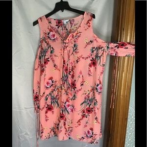Peach, floral cold shoulder dress tie front